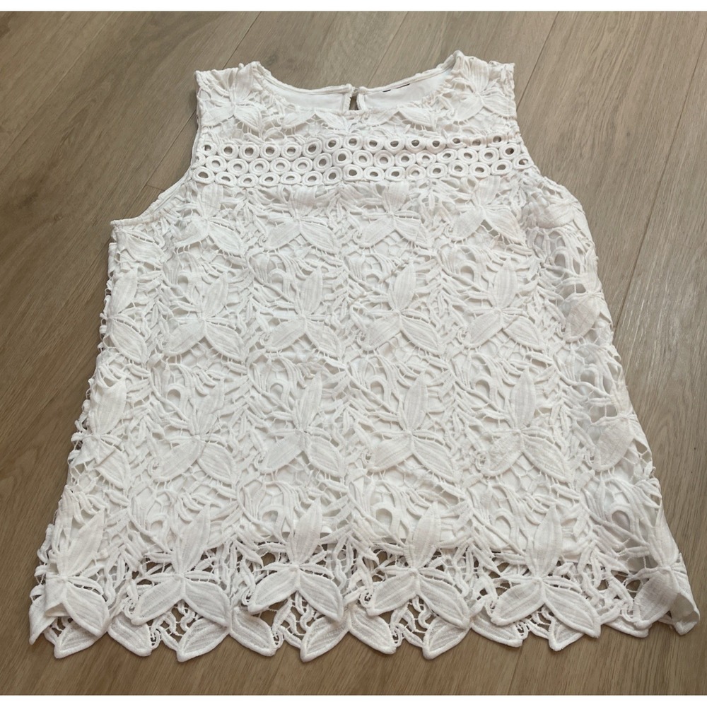 Vintage White Lace Front Overlay Sleeveless Women's Top Size Large